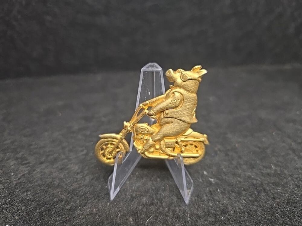 Vintage JJ Jonette Gold Tone Hog On Motorcycle Brooch 2"